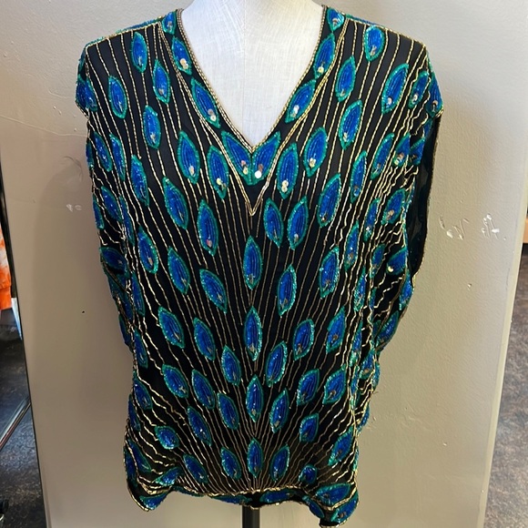 Vintage Peacock Sequined Batwing Top - Picture 1 of 5
